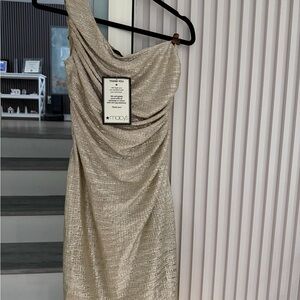 Connected Apparel Shimmering Gold One-Shoulder Dress